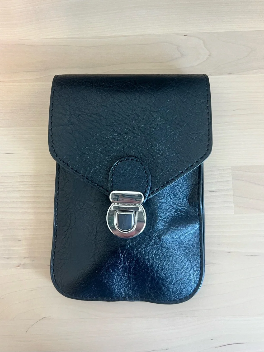 Black Leather Phone Pouch with Silver Clasp